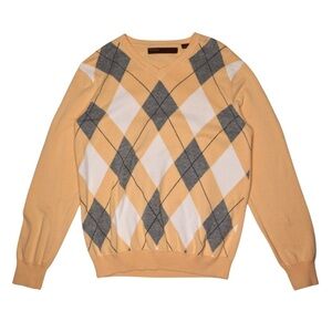 Perry Ellis Sweater Mens S Argyle V-neck Pullover Ribbed Cuff Hem Cotton Peach